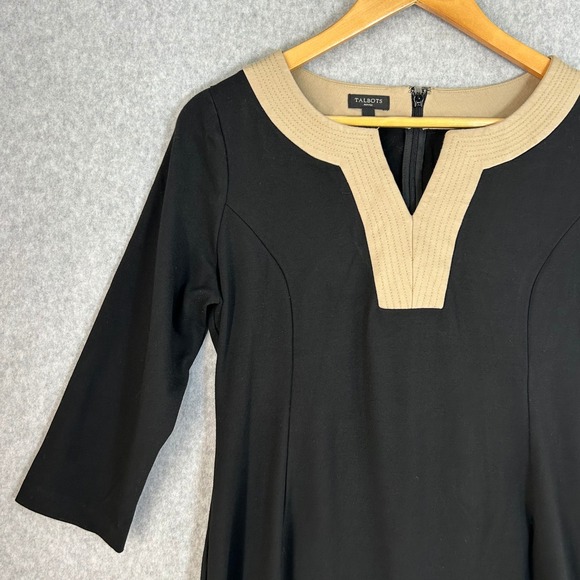 Talbots Black Tan V‎ Neck Dress 3/4 Sleeve Ponte Sheath Career Size 6 Petite 6P - Picture 3 of 11